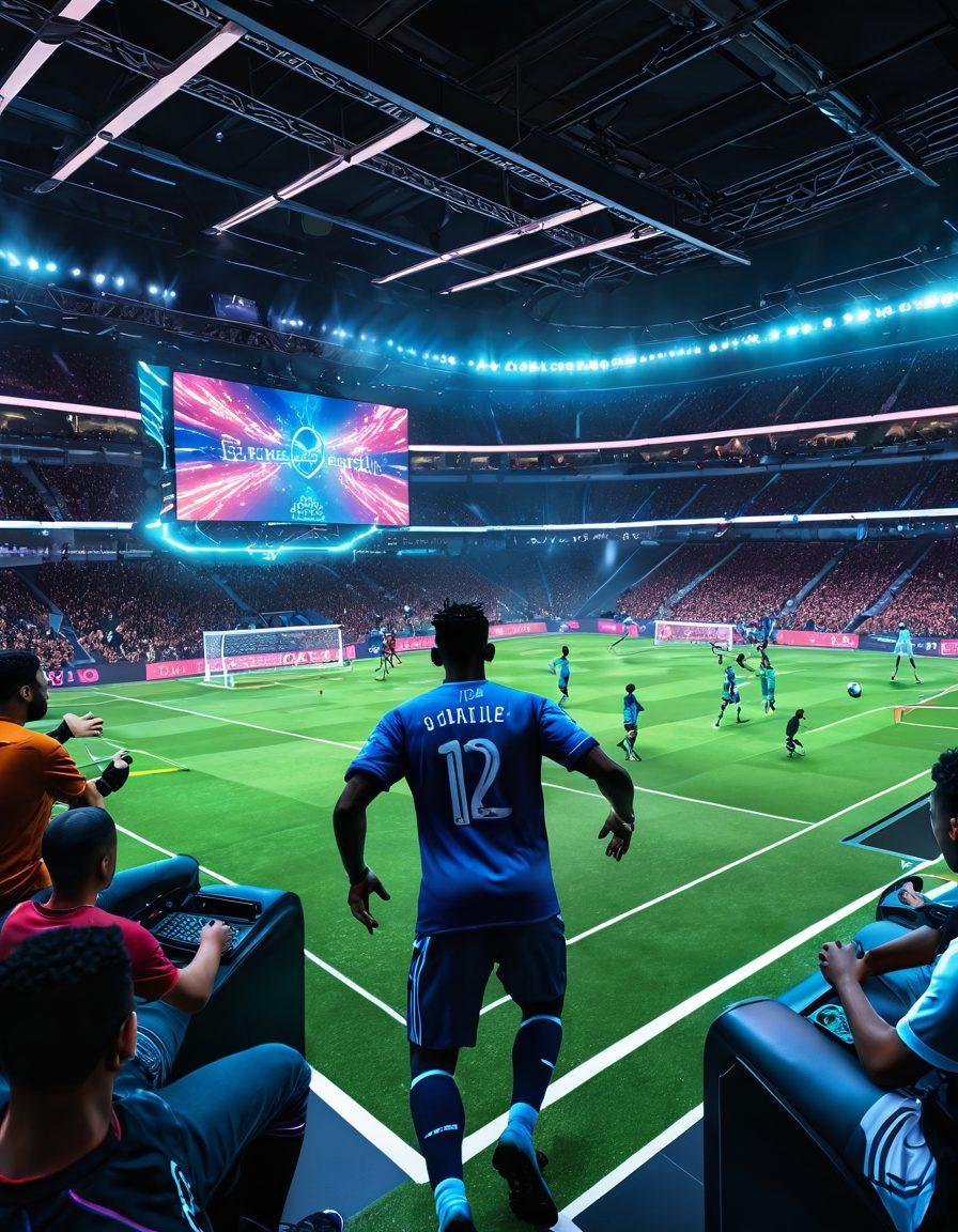A dynamic scene of a virtual soccer match showcasing players in intense action, with vibrant energy and excitement. Include a futuristic gaming setup with high-tech devices and virtual reality elements. Highlight diverse characters, both competitive and recreational players, immersed in the game, displaying various emotions of joy and thrill. The background should suggest a digital stadium filled with cheering fans. vivid colors. cyberpunk. 3D.