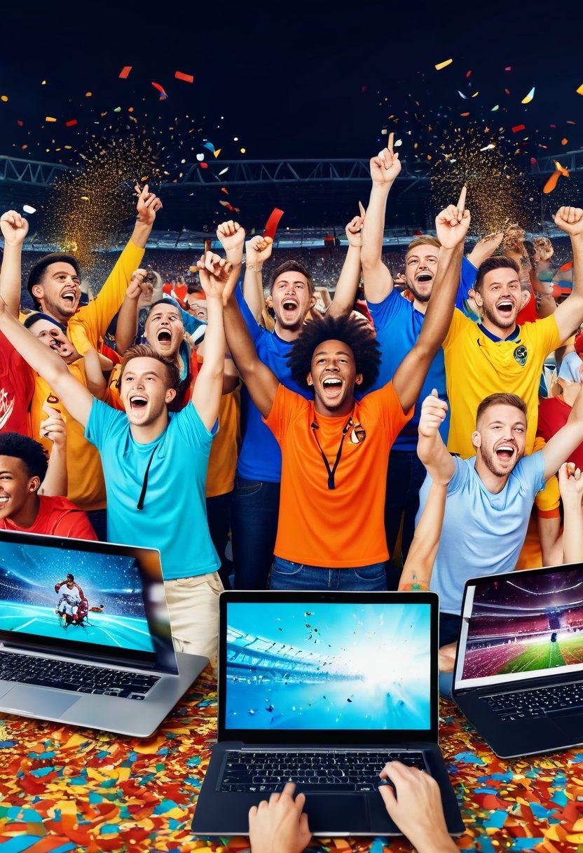 A vibrant digital collage showcasing an ecstatic group of diverse fans celebrating a football match online, with laptops and smartphones displaying live game feeds. Incorporate elements of joy such as confetti flying in the air, smiles, and team colors. In the background, include a stylized football stadium and animated graphics representing goals and highlights. Emphasize bright, cheerful colors for a festive atmosphere. super-realistic. vibrant colors. 3D.