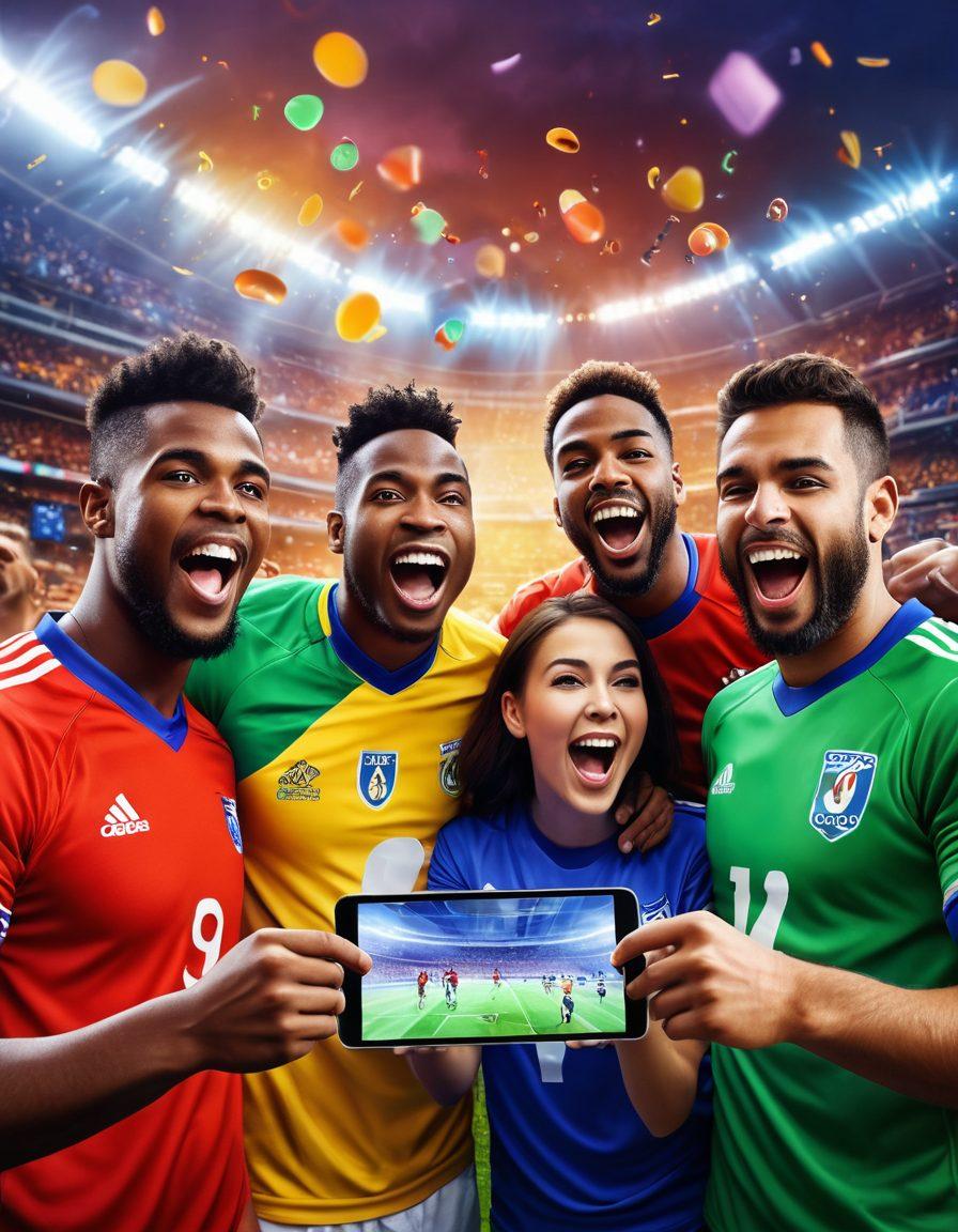 A dynamic scene depicting a diverse group of football fans connected through various digital devices, celebrating a live match. Fans are wearing colorful jerseys, surrounded by virtual chat bubbles and social media icons. The background features a vibrant stadium atmosphere, showcasing cheers and excitement. Incorporate elements like smartphones and tablets glowing with live updates. super-realistic. vibrant colors. digital art.